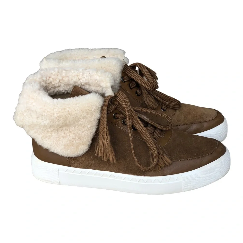 Via Spiga Maia Shearling Cuff Sneaker Rattan Napa/Suede‎  Size US 6M.